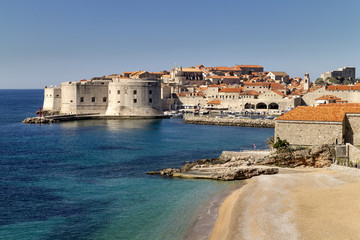 Fototapeta na wymiar Banje beach and Dubrovnik old port, view of east part of old town