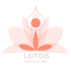Stock vector yoga template, graphic design elements for spa center, studio, yoga club. Stylized red silhouette with raised arms and lorem ipsum on transparency lotos flower background on white 