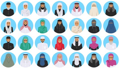 Different muslim arab people characters avatars icons set in flat style isolated on blue background. Differences islamic saudi arabic ethnic persons smiling faces in traditional clothing. Vector.