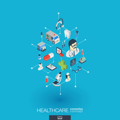 Healthcare, integrated 3d web icons. Digital network isometric interact concept. Connected graphic design dot and line system. Abstract background for medicine and medical service. Vector Infograph