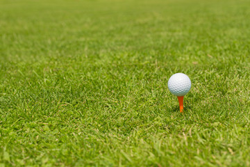 Golf ball on a tee placed on a green