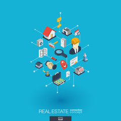 Real estate integrated 3d web icons. Digital network isometric interact concept. Connected graphic design dot and line system. Abstract background for apartment rent, property sale. Vector Infograph