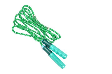Green skipping rope for an exercise, isolated on white background