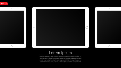 Tablet computer, mobile, mockup composition isolated on black background with blank screen. Front view white tablet realistic vector illustration for printing and web element.