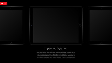 Tablet computer, mobile, mockup composition isolated on black background with blank screen. Front view black tablet realistic vector illustration for printing and web element.