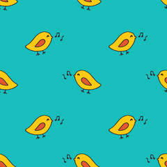 Seamless pattern with singing birds.Vector cute kawaii illustration. Hand drawn japanese kawaii style sketch, abstract imaginary creature