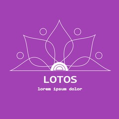 Stock vector line yoga template, graphic design elements for spa center, studio, yoga club. Stylized thin white line lotos and lorem ipsum on violet