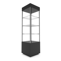 Empty showcase with glass shelves for exhibit. 3D render illustration isolated on white background. Trade show booth black pedestal for expo design.