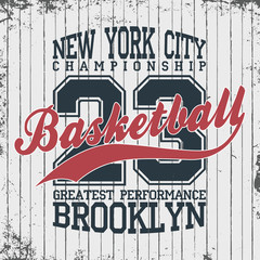 New York, basketball sportswear emblem. Basketball apparel design with lettering. T-shirt graphics. Vector