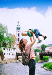 Obraz premium Family of Tourists in Cesky Krumlov, Czech Republic, Europe