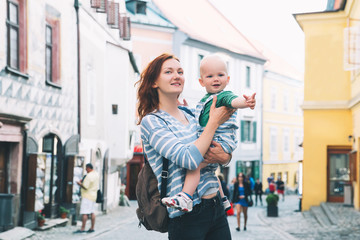 Fototapeta premium Family of Tourists in Cesky Krumlov, Czech Republic, Europe