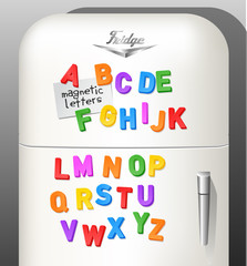 Child's plastic magnetic alphabet letters displayed on vintage refrigerator. Use as font or design elements. Vector illustration.  - 143839322