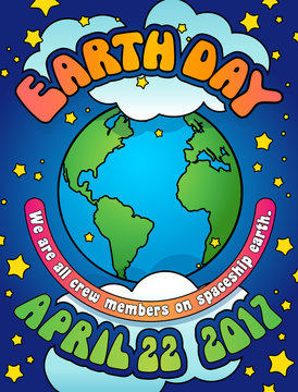 Earth Day poster, card or banner design in 1960s psychedelic style