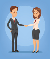 Fototapeta premium Happy smiling businesswoman and businessman characters shaking hands. Successful deal. Vector flat cartoon illustration