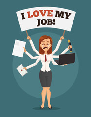 Unhappy sad crying business woman with many hands holds banner I hate my job. Multitasking skills. Angry office worker. Vector flat cartoon illustration