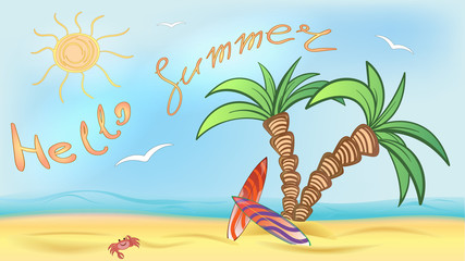 Fototapeta na wymiar vector illustration, crab of a palm tree surfing sea surfboard sun