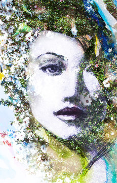 Hand drawn portrait of a pretty, attractive lady disappearing into a background of white flowers and tree branches