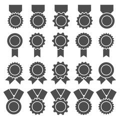 Set of medals, badges or awards with ribbons. Flat vector icon set