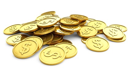 3D rendering gold coins on white background