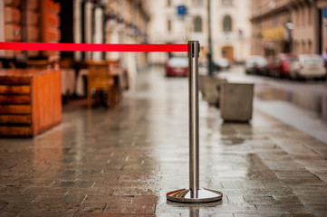 Fencing barricade on metal chrome pole posts