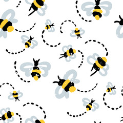 Seamless abstract pattern. Hand painted brush bee on a white background. Background for textile or book covers, manufacturing, wallpapers, print, gift wrap.