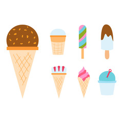 Set ice cartoon colorful cream dessert vector illustration chocolate food sweet cold isolated icon snack cone tasty fruit frozen candy collection