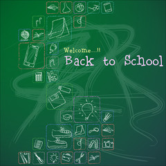 Abstract of Welcome Back to School Vector Background Design. Back to School in The Typographic Text with Knowledge Icon and Stationary Icon for Educational Learning. Vector and Illustration, EPS 10.