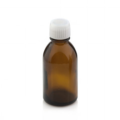 Bottle of medicine brown without label, isolated on white background