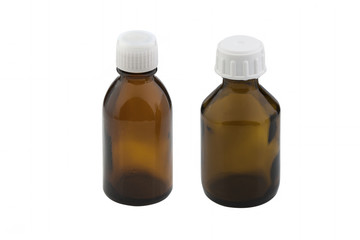 Bottle of medicine brown without label, isolated on white background