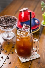 ice coffee on wooden table
