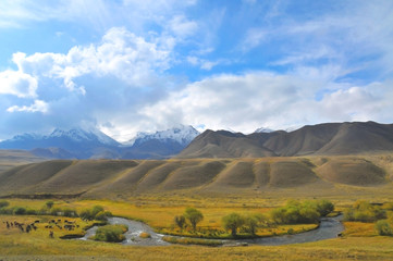 Landscape of Kyrgystan around Son Kul lake
