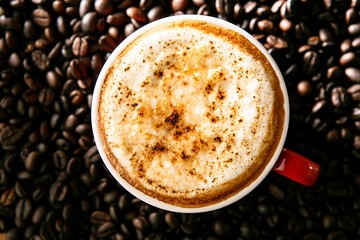 A cup of cappuccino on coffee beans, 카푸치노