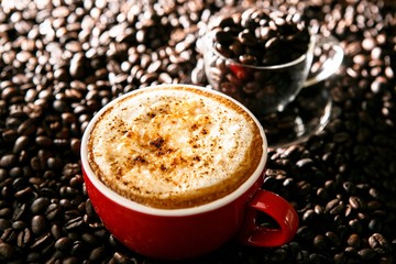 A cup of cappuccino on coffee beans, 카푸치노