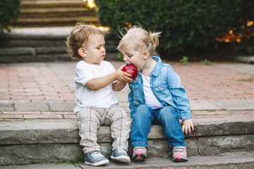 Group portrait of two white Caucasian cute adorable funny children toddlers sitting together sharing eating apple food, love friendship childhood concept, best friends forever - 143850398