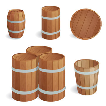 Wooden barrel vintage old style oak storage container and brown isolated retro liquid beverage object fermenting distillery cargo drum lager vector illustration.