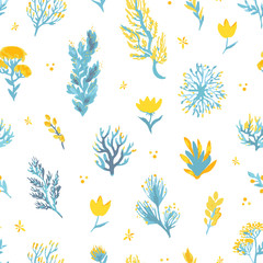 Vector hand drawn wild plants seamless pattern. Field plants illustration for textile, scrapbooking, backdrop.