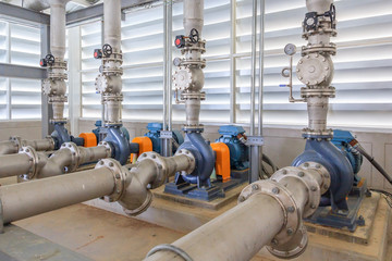 Industrial fire pump station for water sprinkler piping and fire alarm control system. Pipelines,...