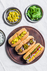 Selection of classic hot dogs against white background