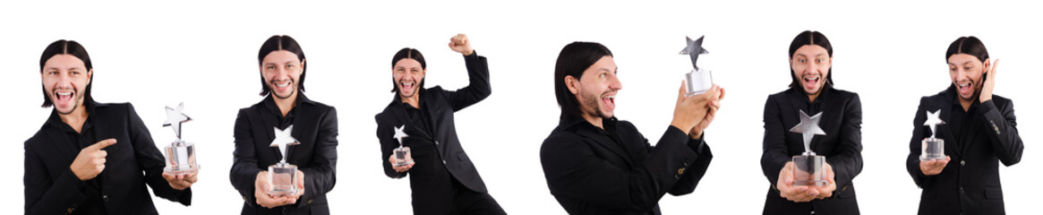 Businessman with star award isolated on white