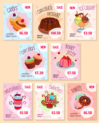 Bakery desserts price tags vector templates set