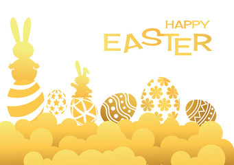 Gold Happy Easter greeting card with rabbit, bunny and eggs
