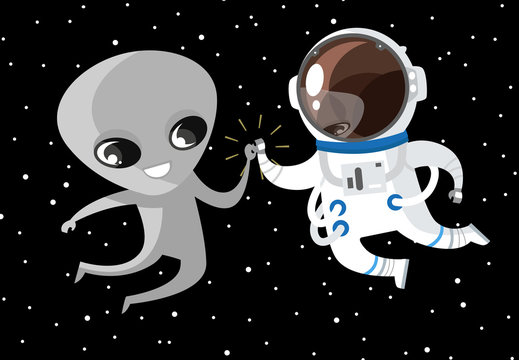 cute alien and astronaut in space