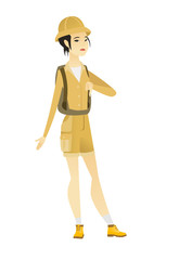 Disappointed asian traveler with thumb down.