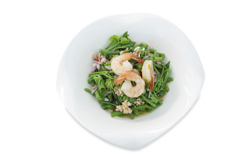 Bitter gourd Stem Spicy thai Salad with Shrimp  on isolated white background