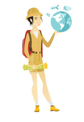 Asian traveler woman holding map and globe