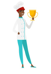 African-american chef cook holding a trophy.