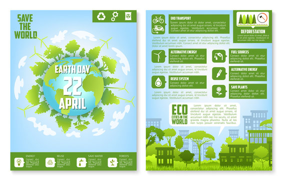 Earth Day brochure template with eco green city