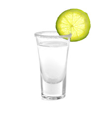Tequila shot with juicy lime slice and salt on white background