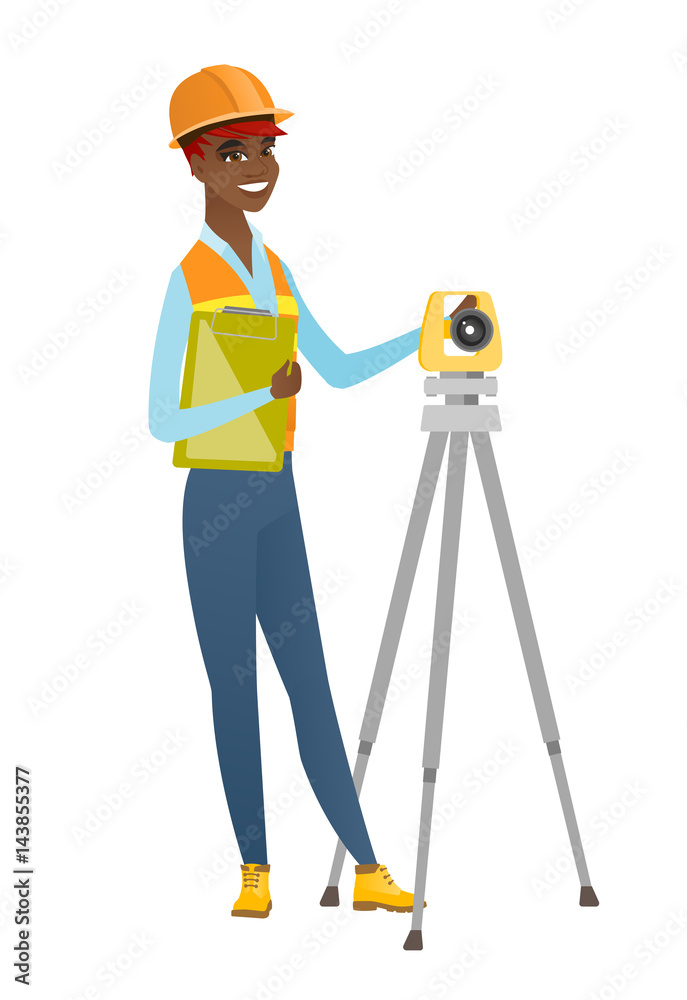 Sticker african surveyor builder working with theodolite.