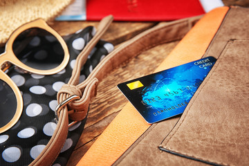 Composition with credit card in bag. Travel concept